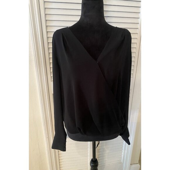 HALOGEN WOMEN'S FAUX WRAP BLOUSE M BLACK V-NECK LONG SLEEVE TOP CAREER - Picture 1 of 8